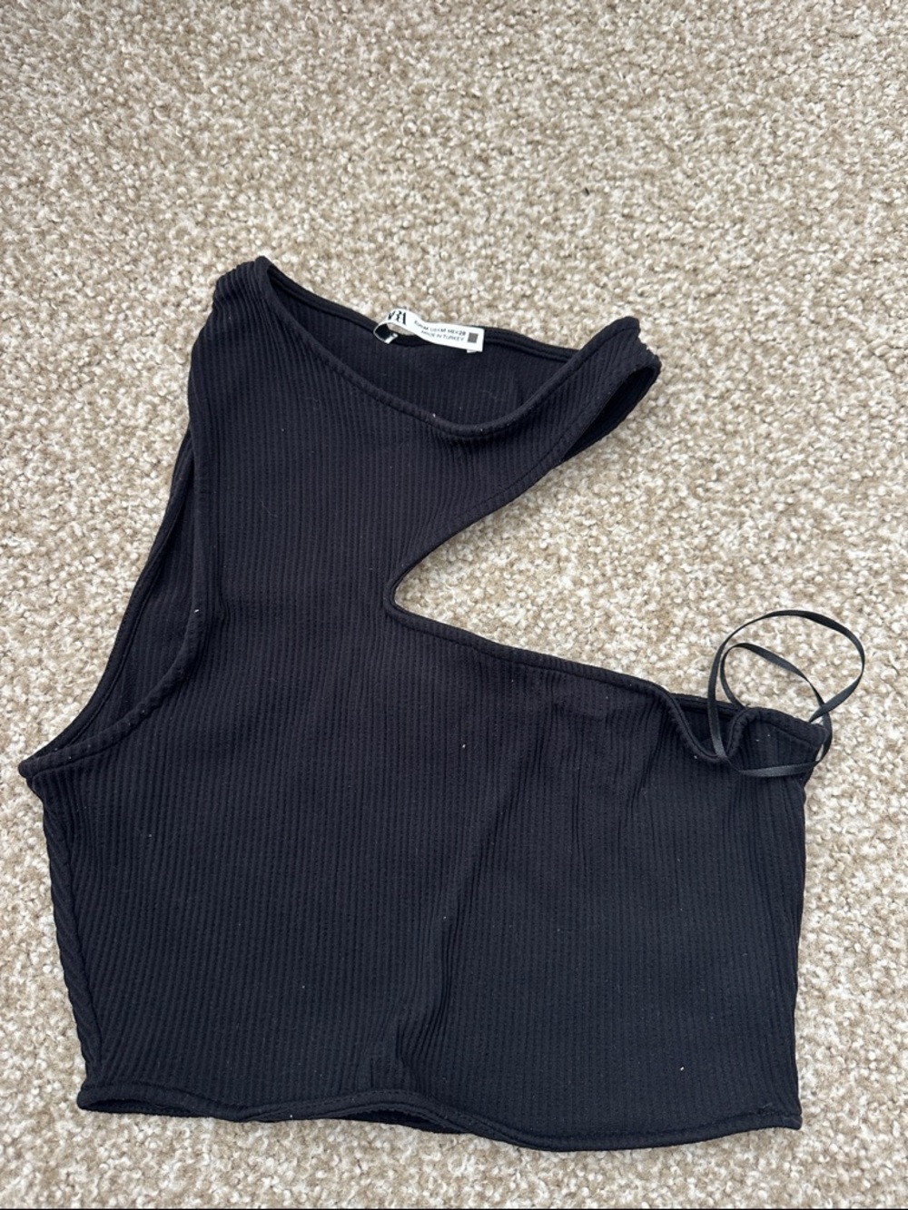 Zara Black One-Shoulder Ribbed Cutout Crop Top